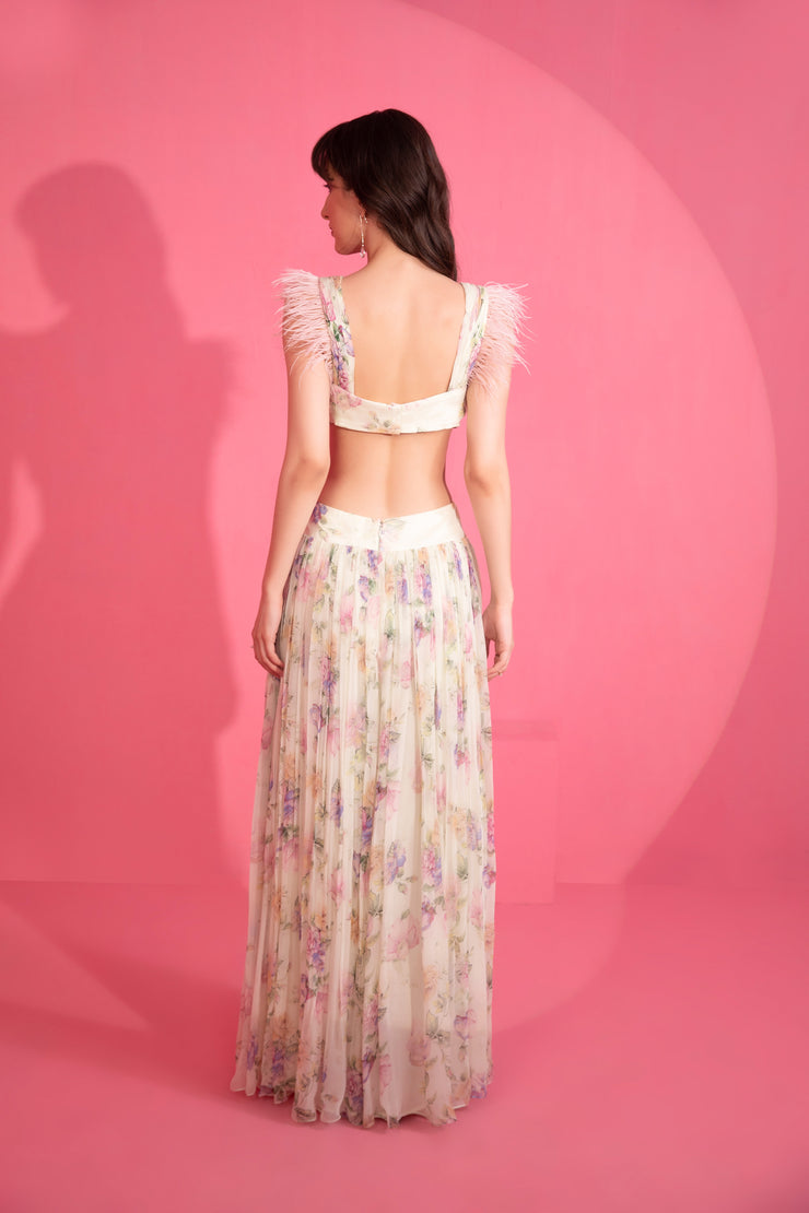 Floral Cutout Gown With Feathers