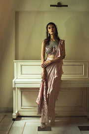 Dusty Pink and Beige Ruffle Embroidered Drape Saree with Jacket