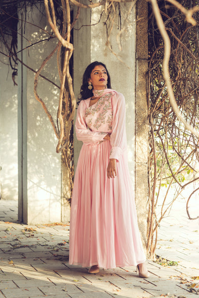 Pink Rouched Anarkali With Drape