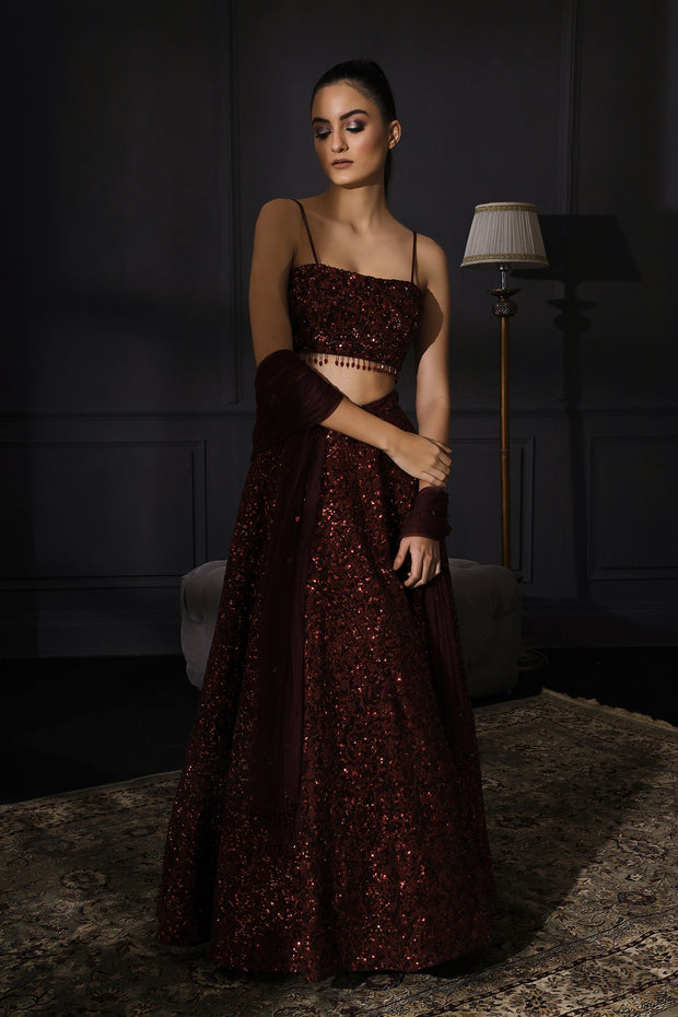 Deep Wine Sequins Embroidered Lehenga