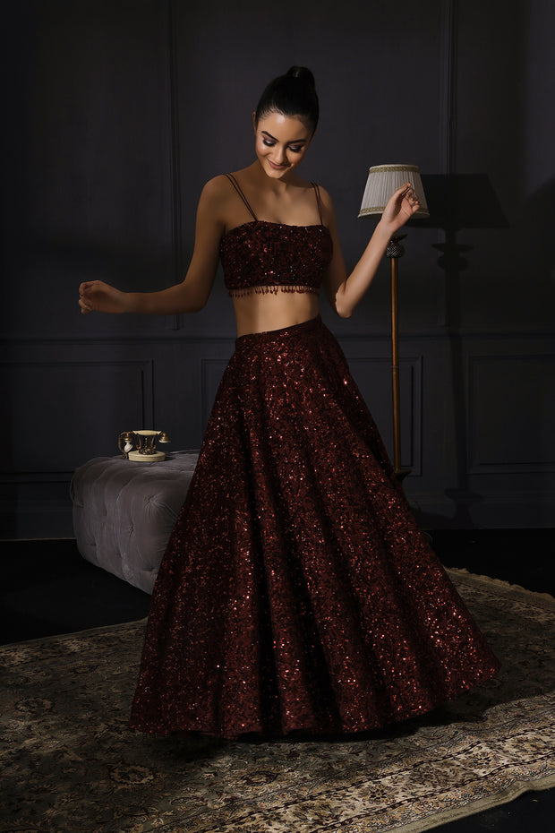 Deep Wine Sequins Embroidered Lehenga