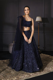 Midnight Blue Sequins Embroidered Lehenga Set With Drape Dupatta