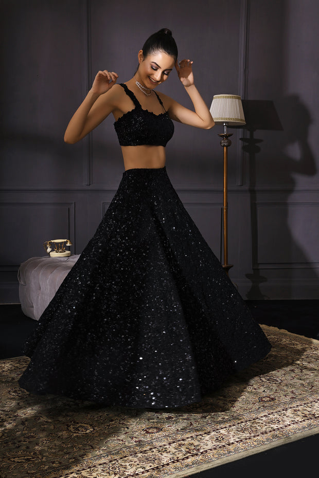Black Resham & Sequins Embroidered Lehenga With Scalloped Dupatta & Embroidered Belt