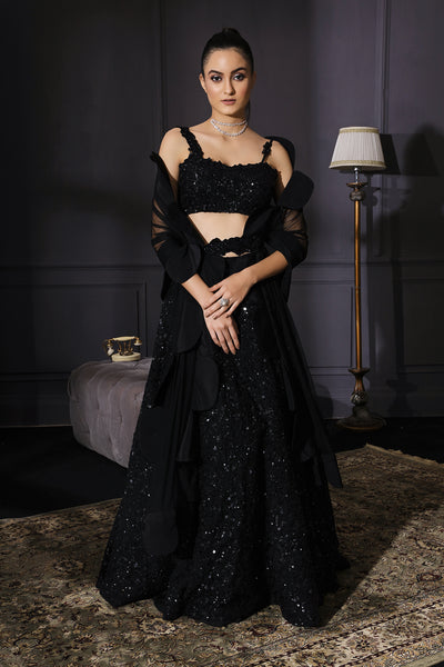 Black Resham & Sequins Embroidered Lehenga With Scalloped Dupatta & Embroidered Belt