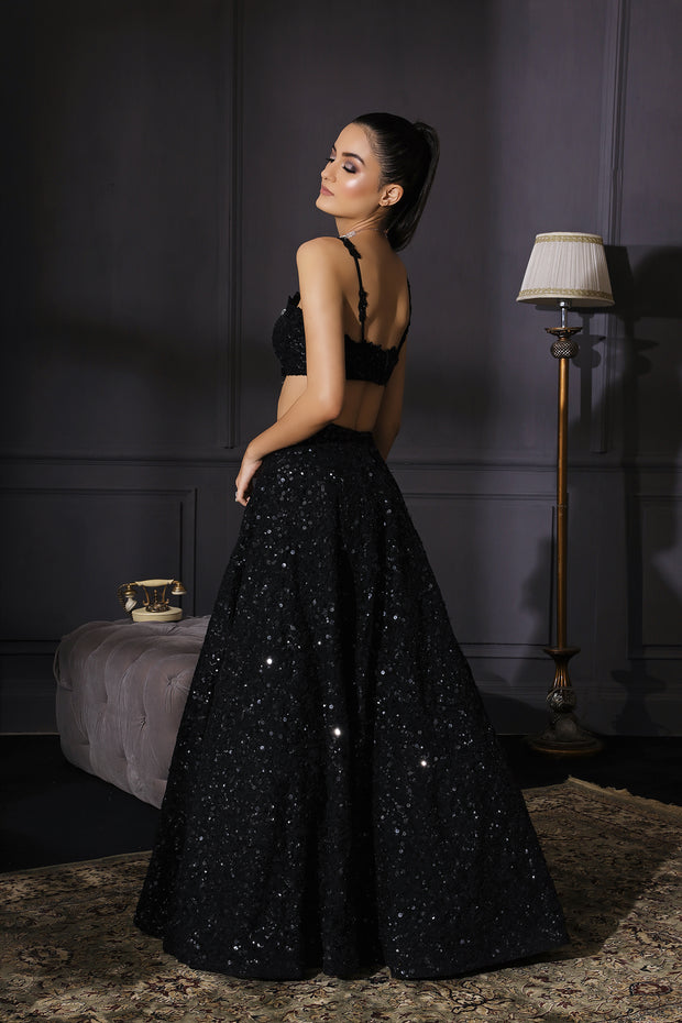 Black Resham & Sequins Embroidered Lehenga With Scalloped Dupatta & Embroidered Belt