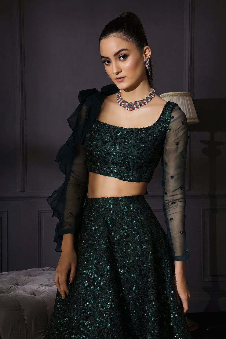 Bottle Green Resham & Sequins Embroidered Lehenga With Scalloped Dupatta & Embroidered Belt