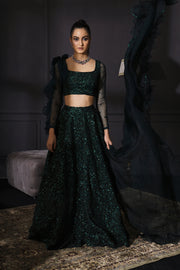 Bottle Green Resham & Sequins Embroidered Lehenga With Scalloped Dupatta & Embroidered Belt