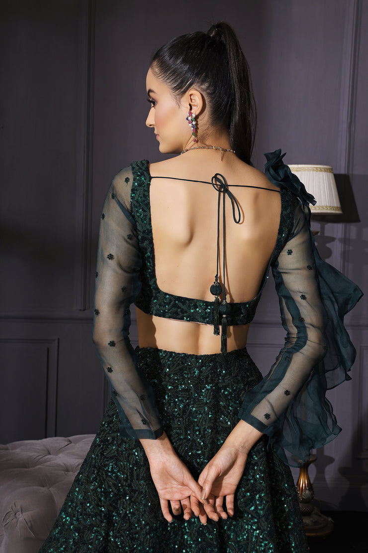Bottle Green Resham & Sequins Embroidered Lehenga With Scalloped Dupatta & Embroidered Belt