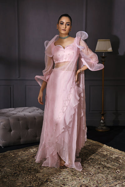 Ice Pink Organza Based Drape Saree With Ruffle Blouse & Tassels