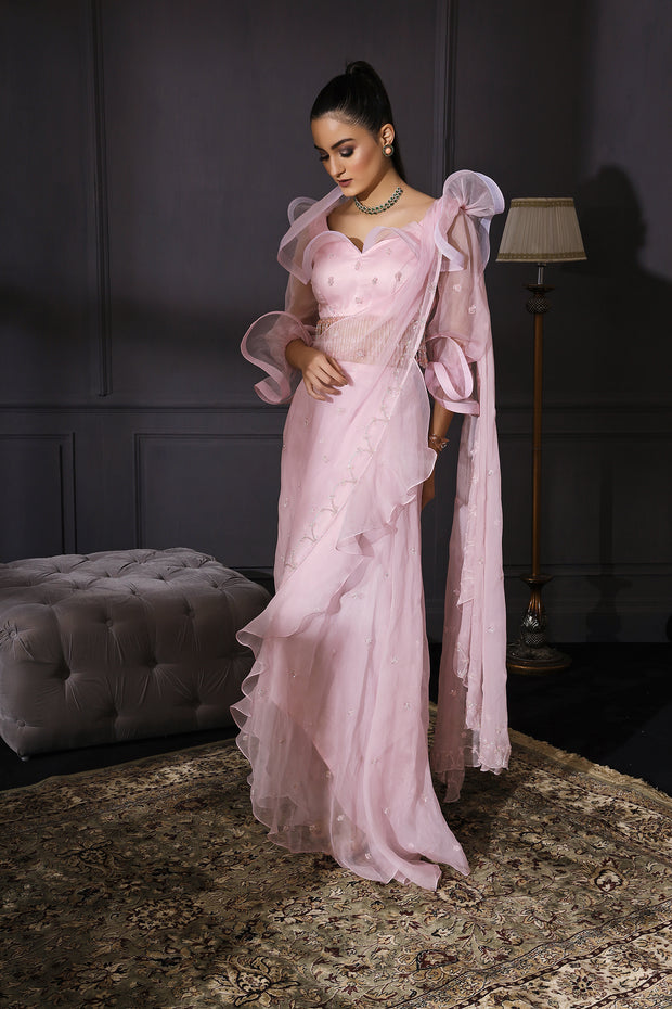 Ice Pink Organza Based Drape Saree With Ruffle Blouse & Tassels