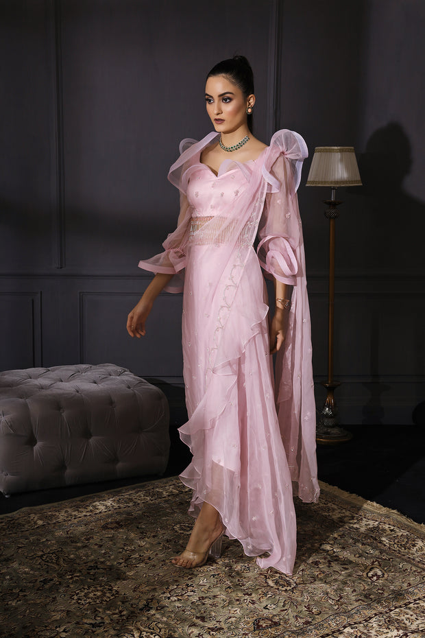 Ice Pink Organza Based Drape Saree With Ruffle Blouse & Tassels