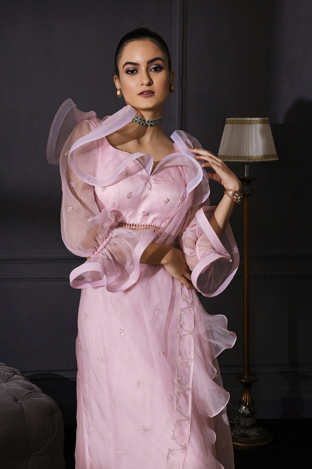 Ice Pink Organza Based Drape Saree With Ruffle Blouse & Tassels
