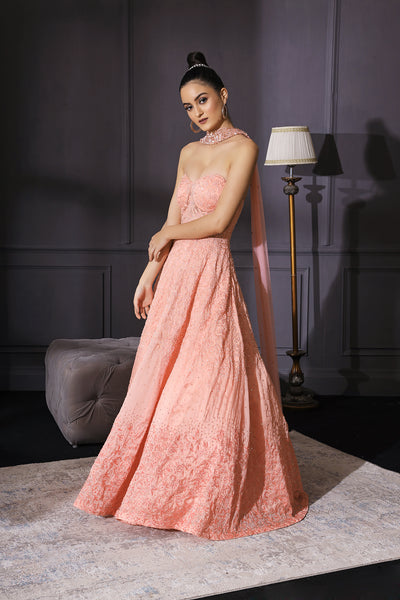 Peach Ombre Gown Embroidered With Cutdana, Sequins & Resham