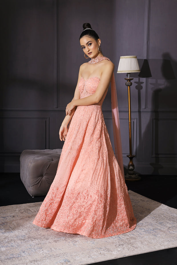 Peach Ombre Gown Embroidered With Cutdana, Sequins & Resham