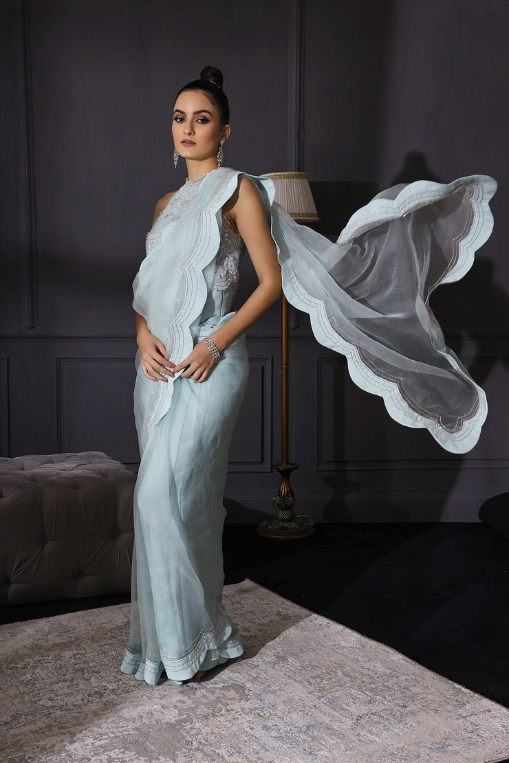 Ice Blue Scalloped Saree With Scalloped Crop Top & Bustier In Crepe  Embroidered With Sequins & Cutdana