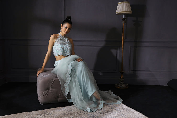 Ice Blue Scalloped Saree With Scalloped Crop Top & Bustier In Crepe  Embroidered With Sequins & Cutdana