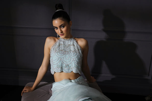 Ice Blue Scalloped Saree With Scalloped Crop Top & Bustier In Crepe  Embroidered With Sequins & Cutdana