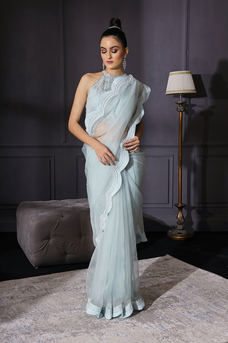 Ice Blue Scalloped Saree With Scalloped Crop Top & Bustier In Crepe  Embroidered With Sequins & Cutdana
