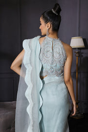 Ice Blue Scalloped Saree With Scalloped Crop Top & Bustier In Crepe  Embroidered With Sequins & Cutdana