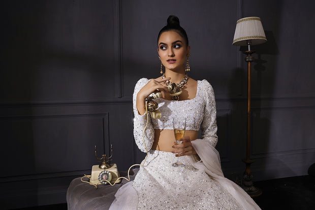 Ivory Sequins & Resham Embroidered Lehenga Set