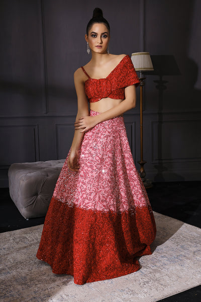 Red & Pink Ombre Lehenga Set