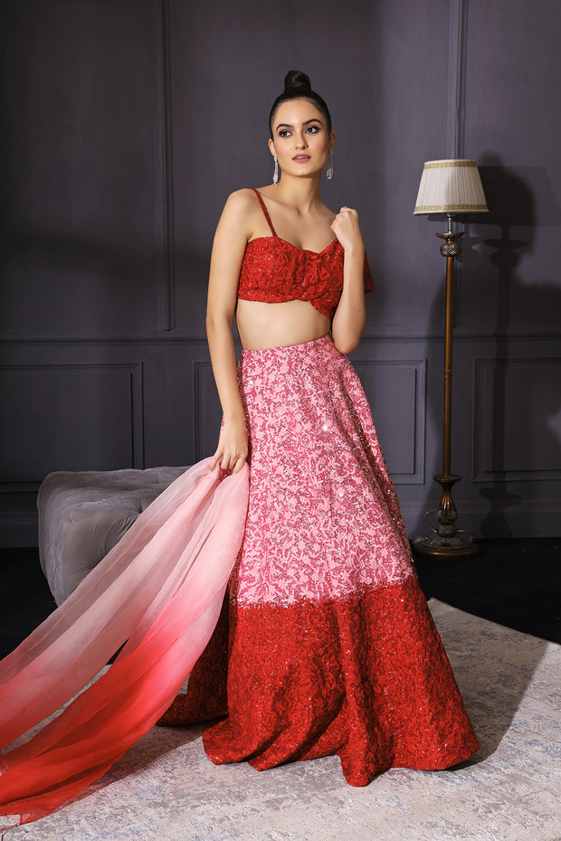 Red & Pink Ombre Lehenga Set