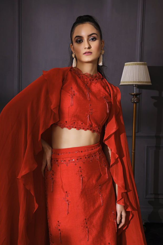 Red Slit Skirt Set With Fringes & Cape