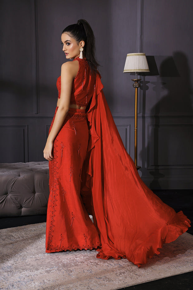 Red Slit Skirt Set With Fringes & Cape