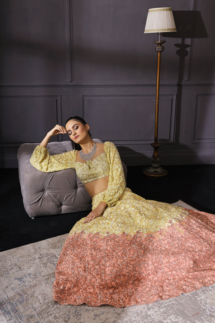 Yellow & Peach Ombre Lehenga Set