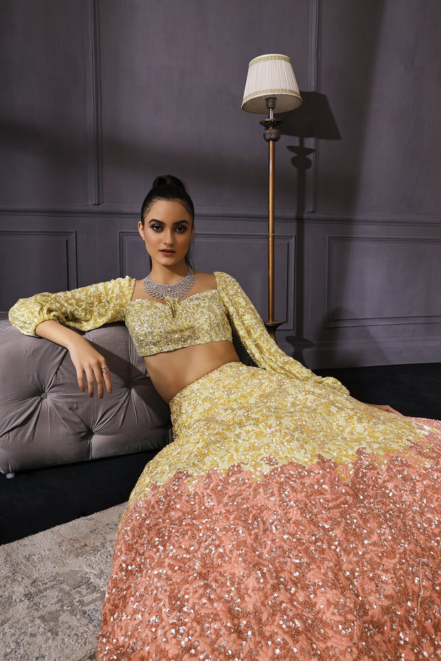 Yellow & Peach Ombre Lehenga Set