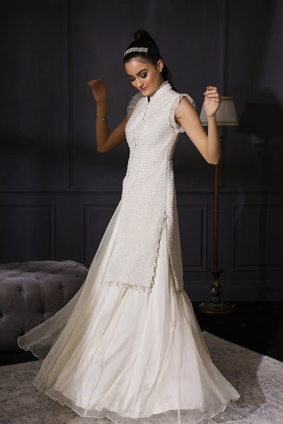Ivory Pearl Embroidered Jacket With Organza Skirt & Scalloped Dupatta