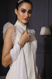 Ivory Pearl Embroidered Jacket With Organza Skirt & Scalloped Dupatta