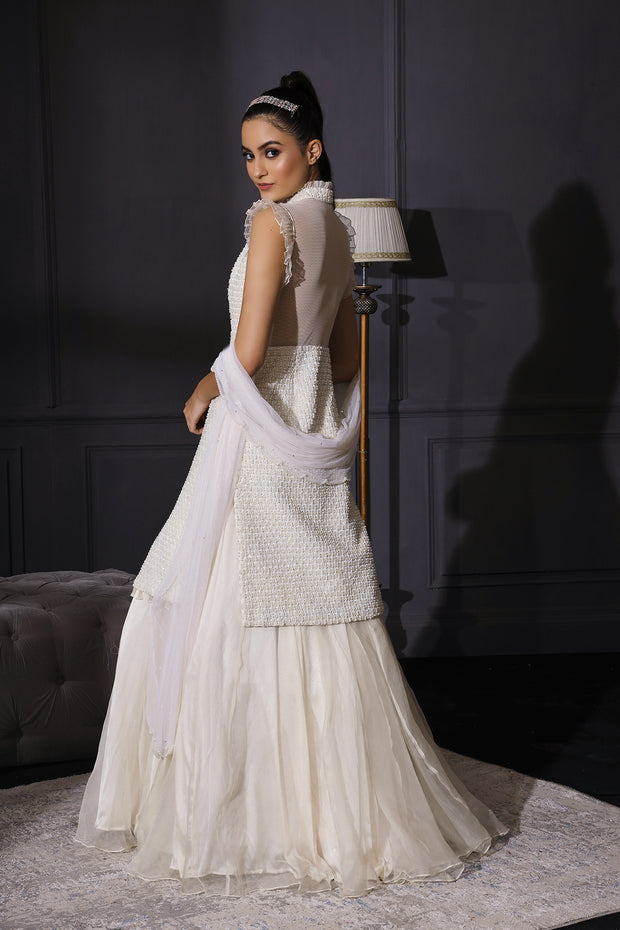 Ivory Pearl Embroidered Jacket With Organza Skirt & Scalloped Dupatta