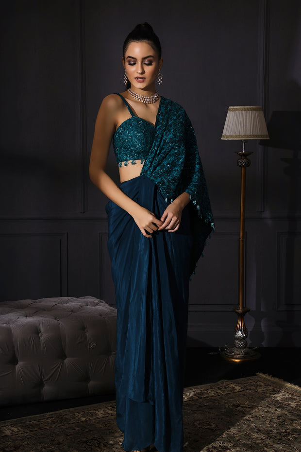 Teal Blue Drape Saree