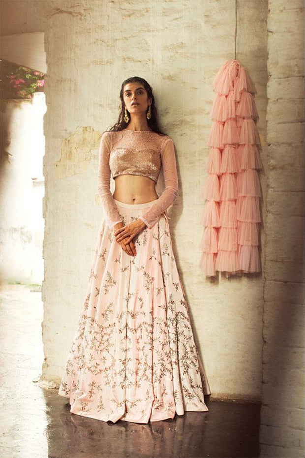 Pink Cutdana Blouse & Lehnga Set with Ruffled Dupatta