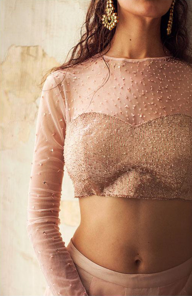 Pink Cutdana Blouse & Lehnga Set with Ruffled Dupatta