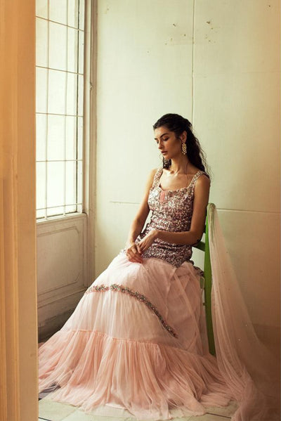 Powder Pink Embroidered Kurta with Lehenga Skirt Set