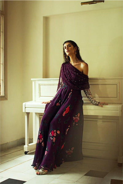 Deep Burgundy One Shoulder Embroidered Anarkali with Drape