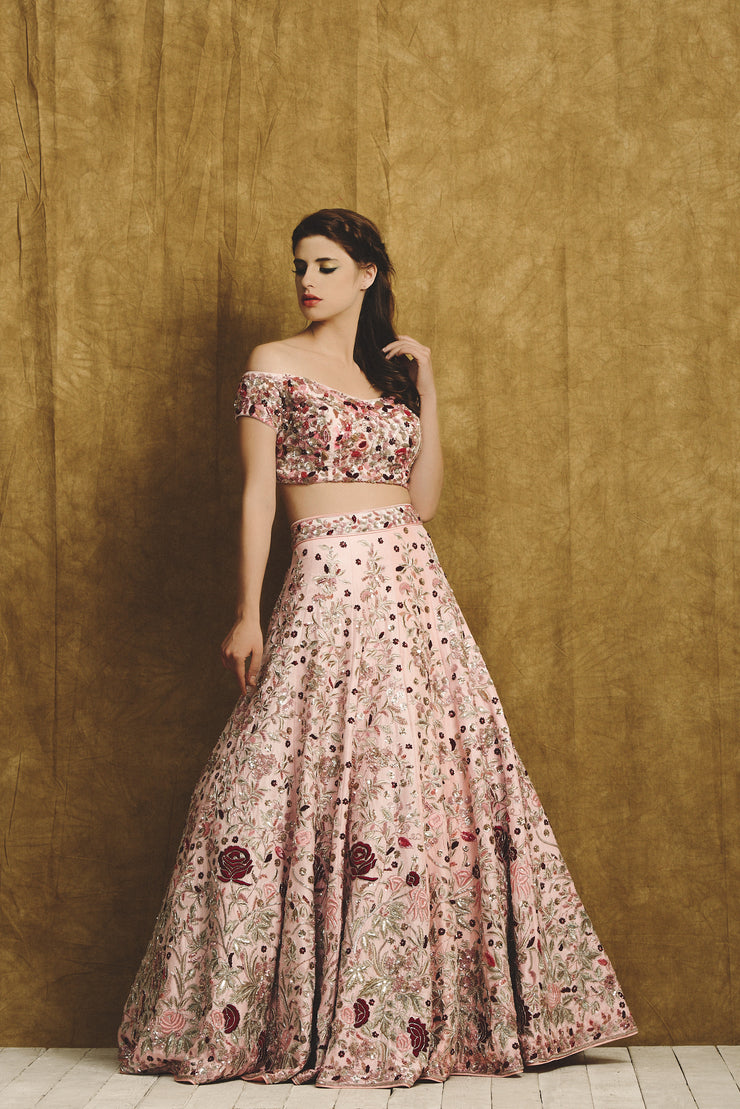 Pink Printed Blouse and Embroidered Lehenga Set
