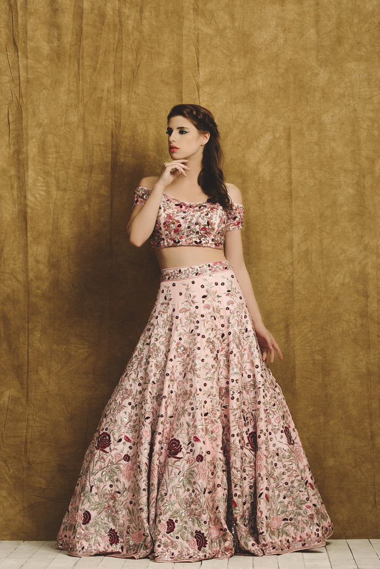 Pink Printed Blouse and Embroidered Lehenga Set