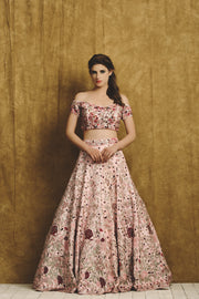 Pink Printed Blouse and Embroidered Lehenga Set