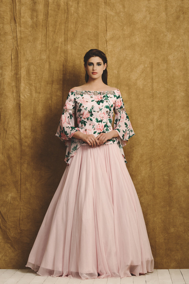 Pink Floral Print Bell Sleeve Blouse & Lehenga Set