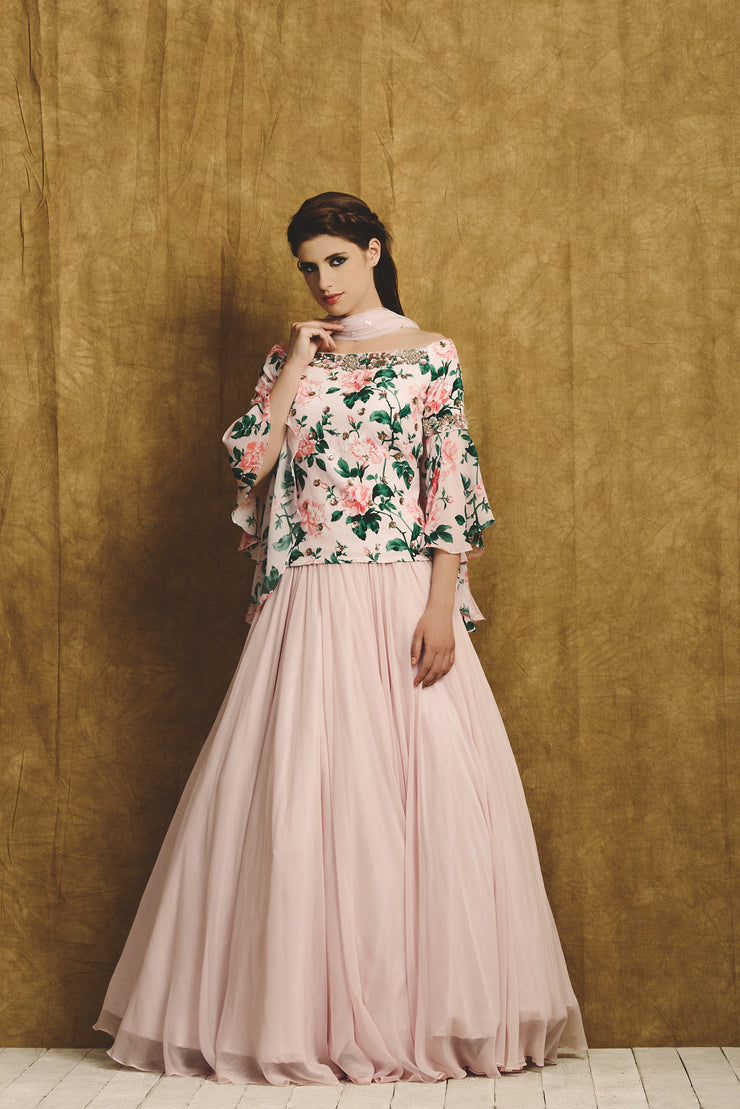 Pink Floral Print Bell Sleeve Blouse & Lehenga Set