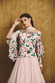 Pink Floral Print Bell Sleeve Blouse & Lehenga Set