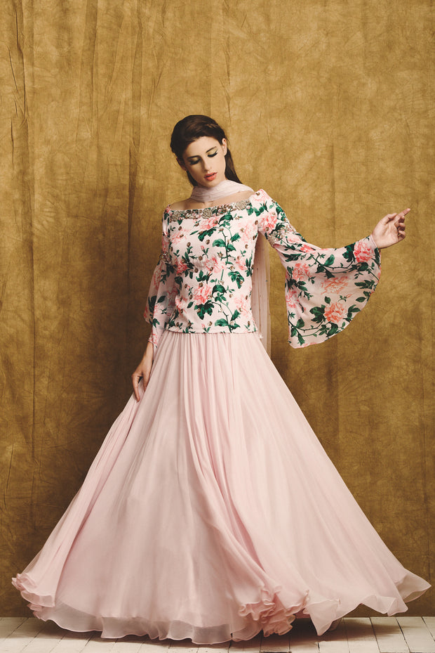 Pink Floral Print Bell Sleeve Blouse & Lehenga Set