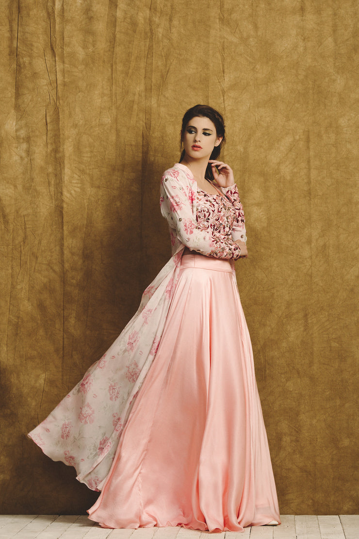 Pink and Maroon Floral Embroidered Sharara Set with Long Jacket