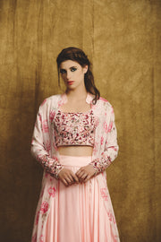 Pink and Maroon Floral Embroidered Sharara Set with Long Jacket