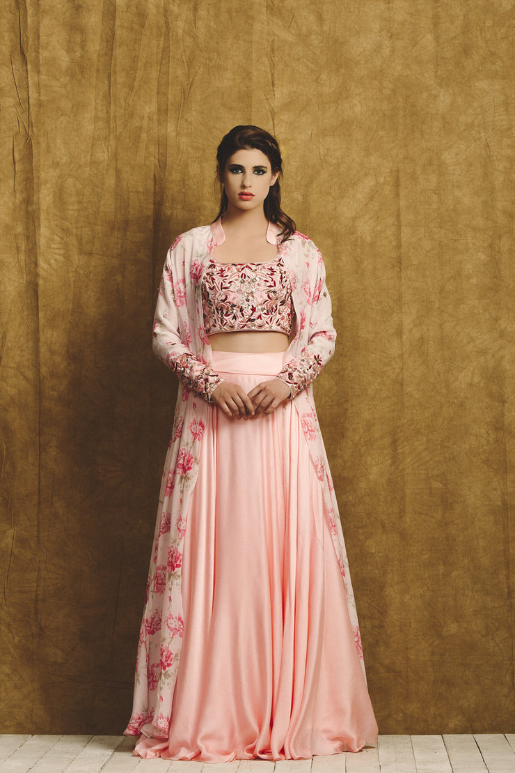Pink and Maroon Floral Embroidered Sharara Set with Long Jacket