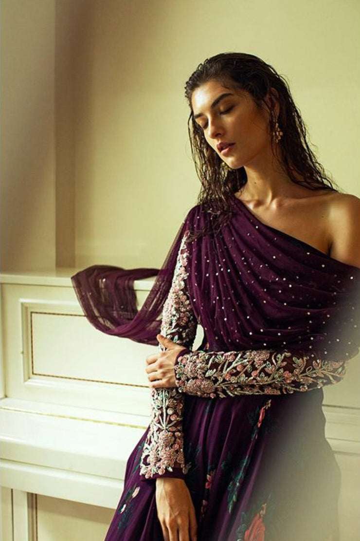 Deep Burgundy One Shoulder Embroidered Anarkali with Drape