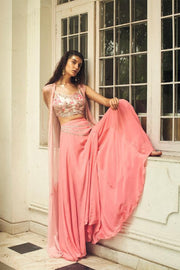 Pink Rose Printed Bustier with Plazzo Pants & Cape